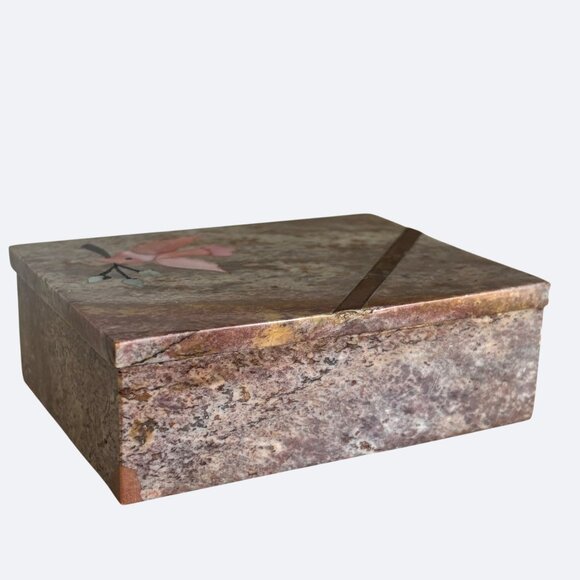 Vintage Marble Jewelry Trinket Box Inlaid Pink Bird Dove and Brass Design‎ - Picture 6 of 7